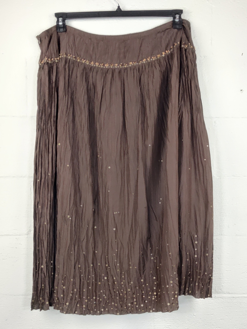 Talbots Woman Vintage Brown Scrunch Silk Skirt with Gold Sequin Detail